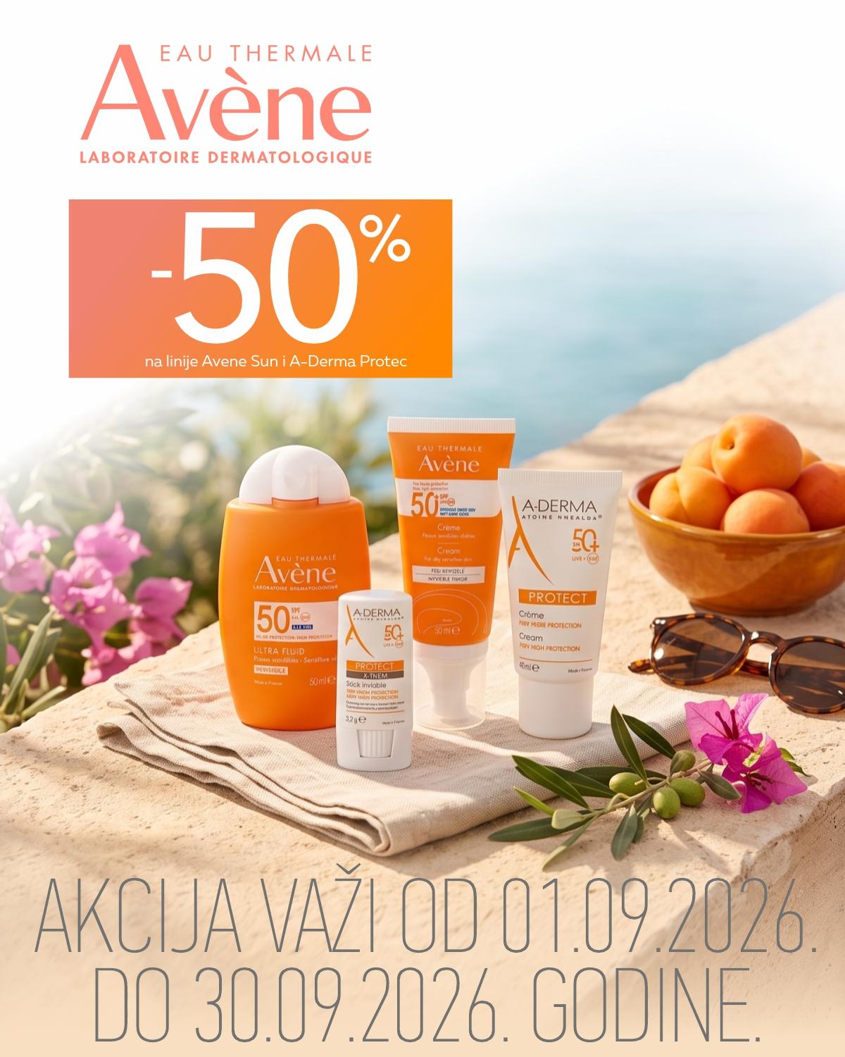 -50% popusta na Avène Sun i A-Derma Protect linije. -50% popusta na Avène Sun i A-Derma Protect linije.